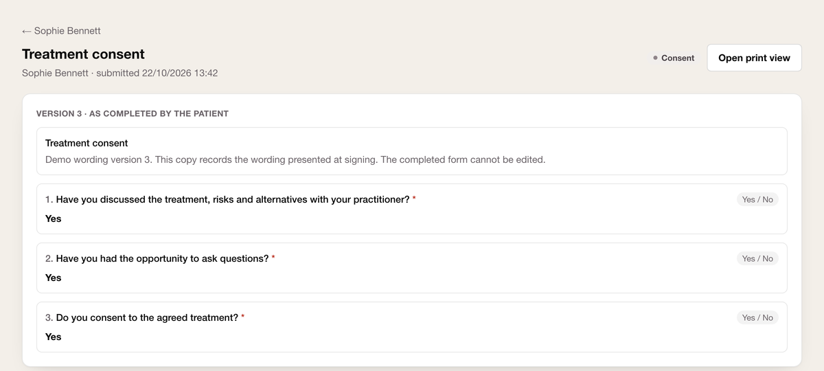 The completed demo treatment consent, with its retained wording version and answers