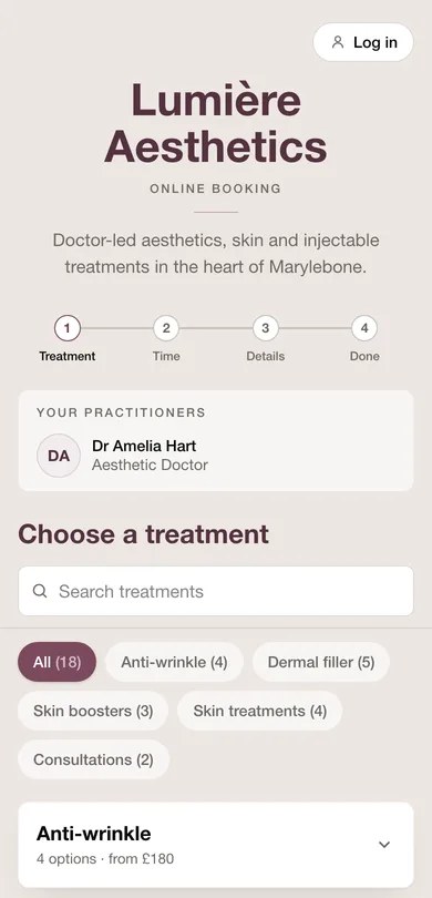 Lumière Aesthetics demo booking menu with a complete treatment card