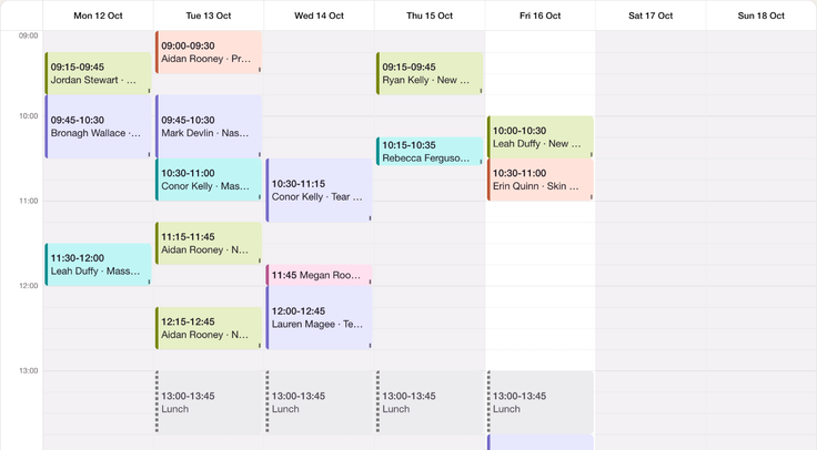 The complete weekly diary in AesthetiClinic, using demo clinic data