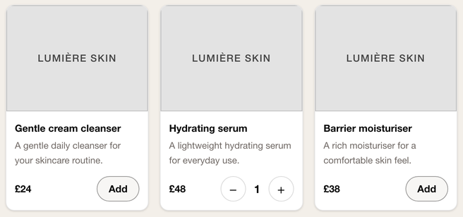 Three complete skincare product cards with prices and basket controls